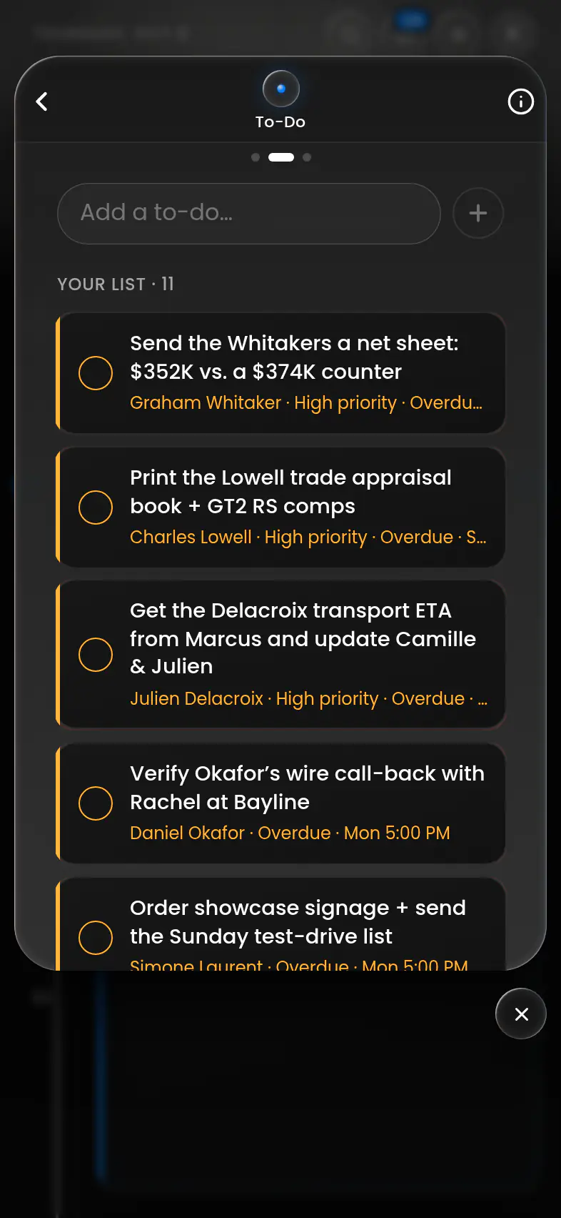 The assistant's to-do list: send a net sheet, print a trade appraisal, get a transport ETA