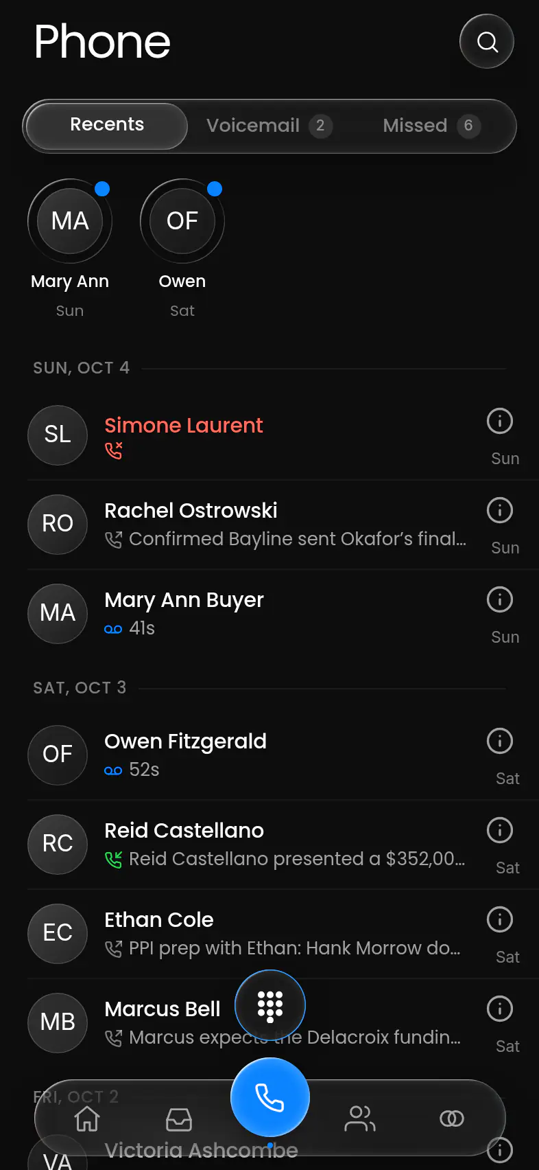 Recent calls in RevMatch, each with a one-line summary of what was said